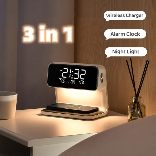 Bedside Lamp Combo: Wireless Charger, Night Light, Alarm Clock