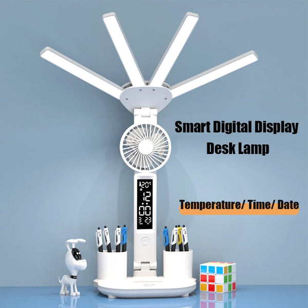 LED Table Lamp: Eye Protection, Fan & Time Display