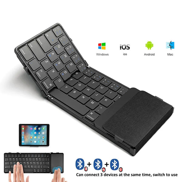 Portable Keyboard with Touchpad – Tri-Fold, Bluetooth 5.1, Stylish Leather Back